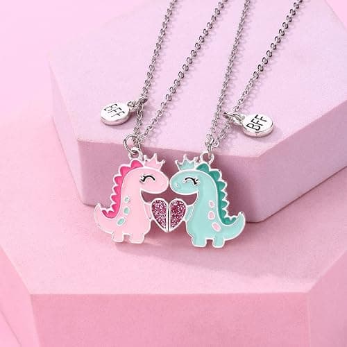 Saalort Best Friends Necklace for 2 Magnetic Split Heart Necklaces Set Friendship Gifts BFF Matching Pendant - Pink blue dinosaur thumbnail 2