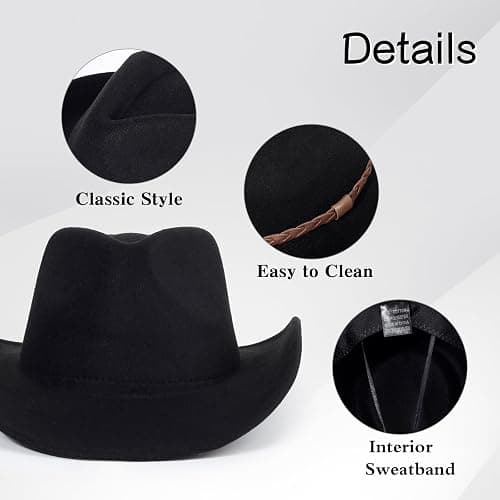 2 Pack Western Cowboy Hats for Women and Men Classic Felt Wide Brim Costume Cow Boy Hat Roll Up Brim Cowgirl Hat thumbnail 5