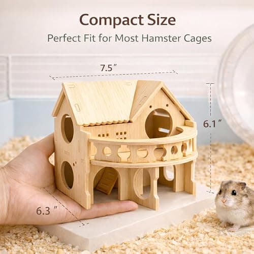 Improved Safety Large Balcony Small & Cute Wooden Hamster House with Large Balcony – Double-Decker Forest-Style Hut for Dwarf Hamsters, Mice, Gerbils, Rats & Small Pets (Compact Size Only) thumbnail 4