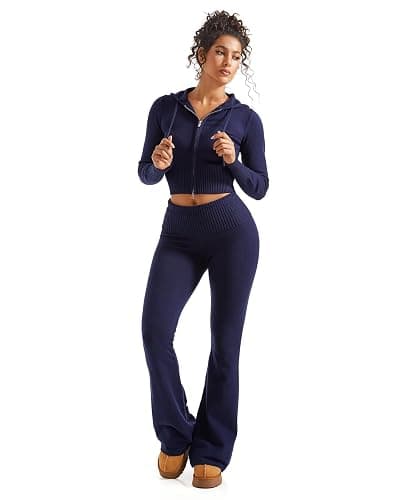 SUUKSESS Women 2 Piece Knit Sets Cropped Zip Up Hoodie Foldover Flare Leg Pants thumbnail 2