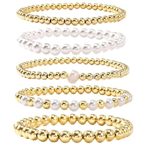 SHINUS BOHO 14K Gold Pearl Beaded Cross Bracelets Stack Set for Women,Stretch Boho Colorful Christian Beads Ball Jewelry Trendy Gift - Image 1