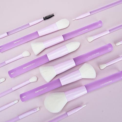 LULUCOLORS 18-Piece Light Purple Professional Makeup Brush Set – Translucent Rubberized Handles, Soft Synthetic Bristles for Face & Eye Makeup–Includes Travel Bag & Sponges, Complete Brush Collection thumbnail 5