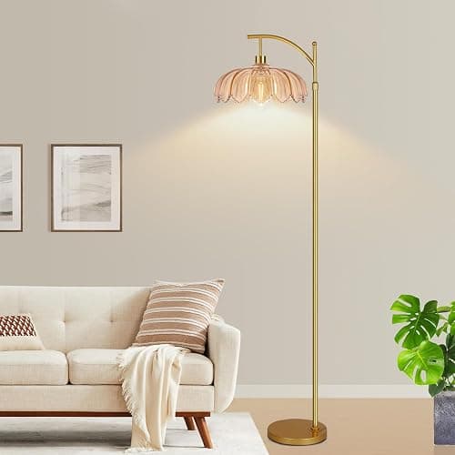 ILLMTW Gold Floor Lamp for Living Room,Bedroom,Mid Century Modern Standing Lamp with Remote,Dimmable Brass Tall Lamp Amber Glass Lamp Vintage Retro Arc Floor Lamps Flower Floor Light Boho Bohemian - 8-Floor Lamp thumbnail 8
