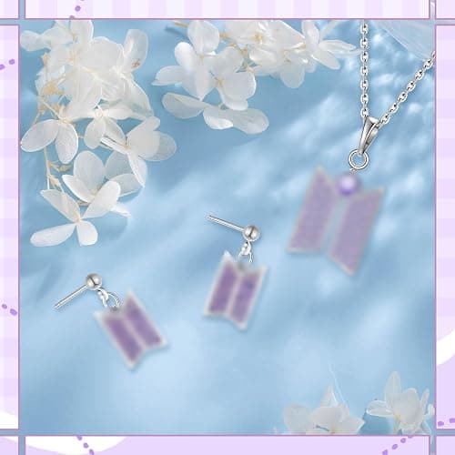 Kanfyyl BTS Necklace Earrings Set, Necklace and Earrings in Silver with Purple Sparkling Stones, Kpop Merch Jewellery for BTS Fans thumbnail 6