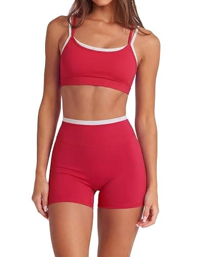 SUUKSESS 2 Piece Workout Sets Layered Sports Bra Yoga Gym Biker Shorts - Image 1
