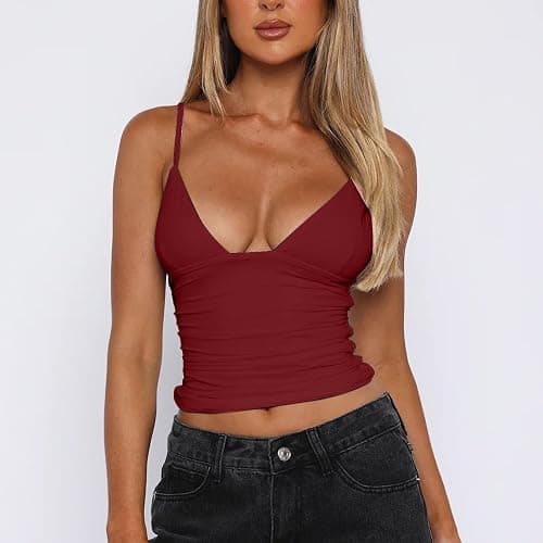 Womens Deep V Neck Tank Crop Top Summer Sleeveless Pleated Tops Sexy Spaghetti Strap Cute Going Out Backless Shirts thumbnail 2