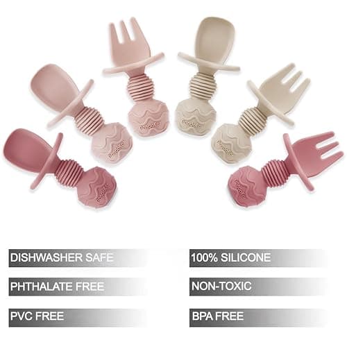 PandaEar 6 Pack Silicone Baby Spoons and Forks, Self Feeding Utensils Set | BPA Free Silicone Spoons and Forks With Choke Barrier, Soft Ergonomic Handle, Baby Led Weaning Ages 3 Months+, BPA Free, Pink thumbnail 4