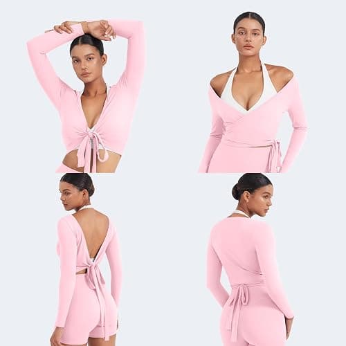YEOREO Women Pilates Wrap Top Long Sleeve Tie Ballet Workout Yoga Shirt Michelie Y2K V Neck Cropped Tops thumbnail 5