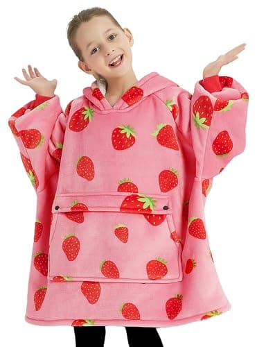 KFUBUO Wearable Blanket Hoodie for Kids Sherpa Patterns Oversized Sweatshirt Blanket With Pocket 6-10 Year Old Girl Cute Hoodies Gift Strawberry - Image 1