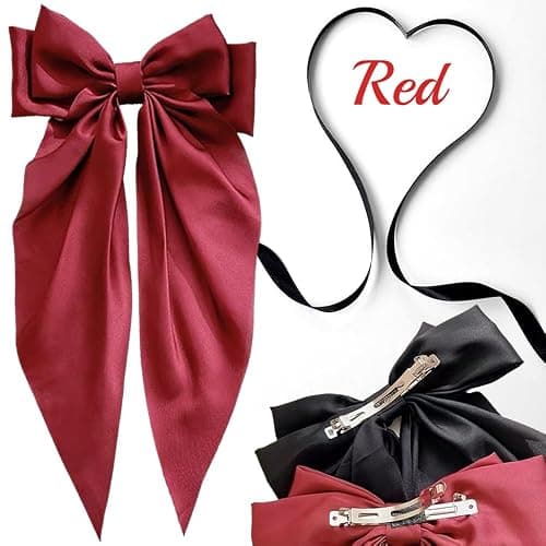 Hair Bows for Women - 3 Pcs Large Ribbon Hair Clips with Long Tail Tassels, Big Hair Barrettes for Girls (Black, Red, Beige) thumbnail 5