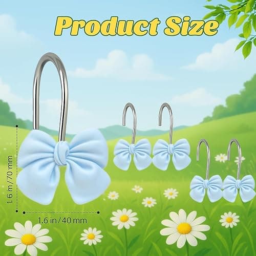 12 Soft Light Blue Shower Curtain Hooks with Bow Design - Spa Style Bathroom Decor for Coastal and Contemporary Homes, Girls Rooms thumbnail 3