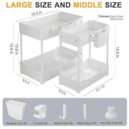 Sevenblue 2 Pack Under Sink Organizer, Under Bathroom Cabinet Organizer with Hooks Hanging Cup, Multi-Purpose Storage Shelf for Kitchen Bathroom (White, 12.8 Inch) thumbnail 2