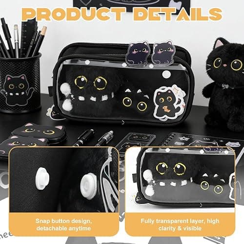 Black Cat Pencil Case,Large Capacity Detachable Multi-Layer Pouch with Zipper,Kawaii Stationery Organiser for School,Office,Kids & Teens,Cute Cats Theme Stationery Gifts for Girls & Boys (Black Cat) thumbnail 4