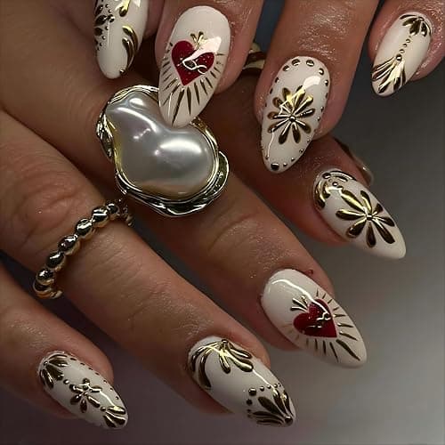 LPOODDNU Almond 3D Gilding Press on Nails - Medium Fake Nails with Gold Flower and Red Heart Designs, Glossy Finished Reusable False Nails with Adhesive Glue Tabs - 24Pcs Nail Kit for Women Manicure thumbnail 2