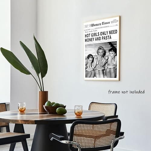 Vintage Women Times Newspaper Canvas Wall Art Black and White Aesthetic Poster Funky Hot Girl Eating Pasta Fashion Prints for Italian Kitchen Bar Cart Girly Dorm Room Art Posters 12x16inch Unframed thumbnail 7
