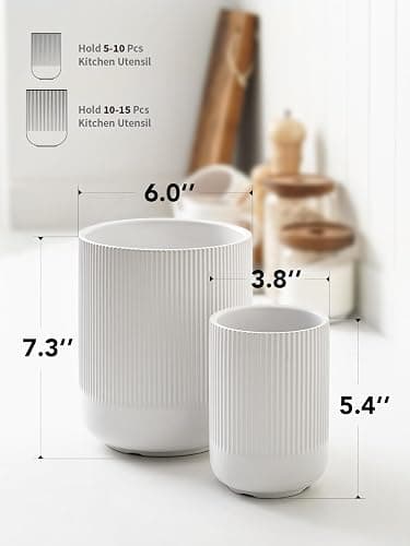LE TAUCI Utensil Holder, 7.3"+5.4" Ceramic Kitchen Utensil Holder for Countertop, Large Cooking Utensil Crocks for Kitchen Counter Decor, Morden Utensil Organizer for Spatula, Set of 2, White thumbnail 3