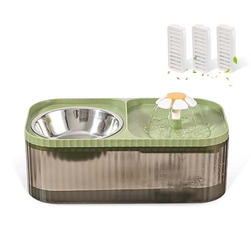 JEERAMIA Cat Water Fountain and Food Bowl, 3L/101oz Ultra Quiet Pet Water Dispenser with Smart Pump and 3 Replacement Filters, Automatic Flower Fountain & Stainless Steel Bowl (Black & Green) - Image 1