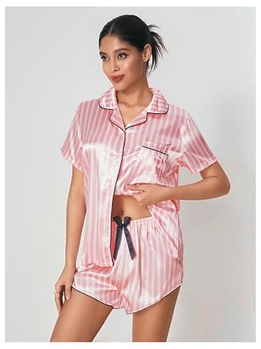WDIRARA Women's Sleepwear Satin Short Sleeve Shirt and Shorts Pajama Set thumbnail 6