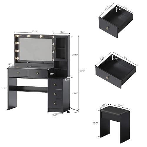 Makeup Vanity with Lights & Charging Station, Black Vanity Table with 5 Drawers & Open Storage Shelves, Vanity Desk with Mirror & Lights, Dressing Table Set, Bedroom Makeup Table Set Black Handle thumbnail 2
