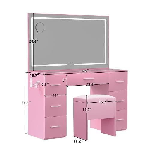 VALONDINO Makeup Vanity Desk with Power Outlet, 46'' Glass Top Vanity Set, 7 Drawers Vanity Table with Cushioned Stool, 3 Lighting Modes Brightness Adjustable,Pink - Glass top-Pink - 46IN thumbnail 2