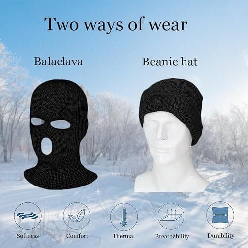 Kids 3 Hole Knitted Balaclava - Warm and Stylish Ski Face Mask for Cold Weather Black thumbnail 4