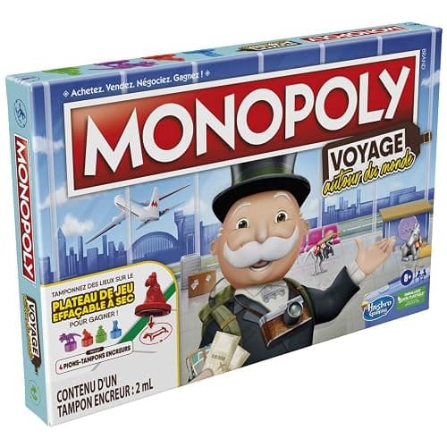 Monopoly Hasbro Reise um die Welt, für Familie und Kinder, ab 8 Jahren, mit Stempelsteinen und trocken abwischbarem Tablett, Mehrfarbig thumbnail 3