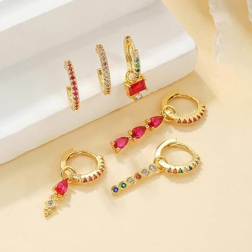6pcs Gold Hoop Earring Stacks For Women Dainty Colorful Cubic Zirconia Huggie Earrings 18k Gold Hoop Earrings Cartilage Stud Earring Sets For Multiple Piercing thumbnail 4