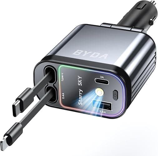 4 in 1 Retractable USB C Car Charger,69W with Starry Light,Fast Charging for iPhone 16/15/14/13/12,iPad,Android,Galaxy,Pixel,Cigarette Lighter Adapter (ForLightning+USB-C) - Lightning+USB-C - Grey - Image 1