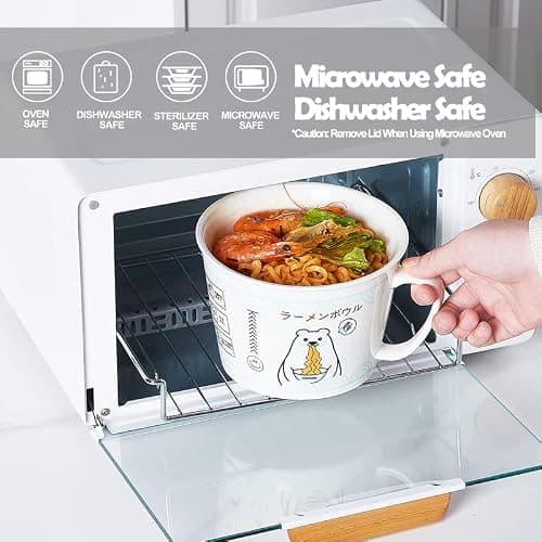 TOPWCK Cute Polar Bear Microwave Ceramic Ramen Bowl with Lid, soup bowls with handles, Gift for Noodle Lovers, ramen noodle microwave cooker, ramen gift Microwave and Dishwasher Safe (Polar Bear) thumbnail 5