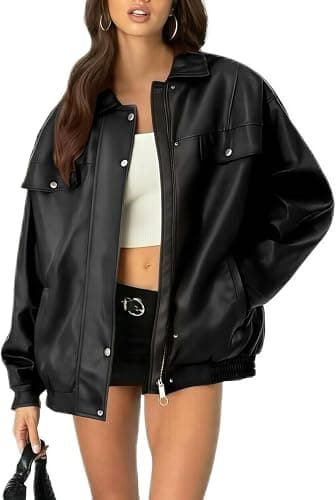hathne Women's PU Leather Jacket Oversized Vintage Long Sleeve Motorcycle Faux Leather Blazer Jackets - Image 1