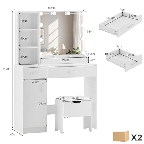 TUKAILAI Schminktisch mit LED-Beleuchtung, Frisiertisch mit 2 Schubladen und 6 offenen Fächern, Moderner Schlafzimmer Make up Schreibtisch, Kosmetiktisch mit Spiegel Einstellbarer Helligkeit thumbnail 2