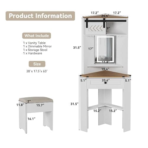 ARTETHYS Small Vanity Desk Set with Lights and Mirror Makeup Vanities with Drawers for Corner Space White Farmhouse Make up Dressing Table with Storage Stool for Bedroom thumbnail 2