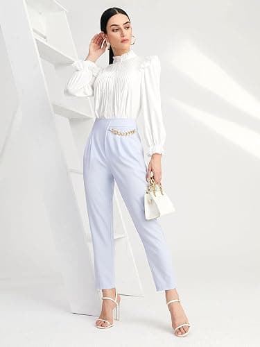 WDIRARA Women's Pleated Ruffle Trim Flounce Long Sleeve Mock Neck Blouse Top thumbnail 4