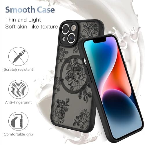 AIGOMARA Case for iPhone 14 [Compatible with MagSafe] Black Flower Floral Pattern Design for Women Girls Soft TPU Bumper Hard PC Back Anti-Fall Shockproof Protective Slim Magnetic Cover thumbnail 5