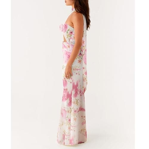 Womens Floral Strapless Maxi Bodycon Dress with Neck Scarf Sexy Cut Out Backless Tie Up Bandeau Tube Dresses thumbnail 4