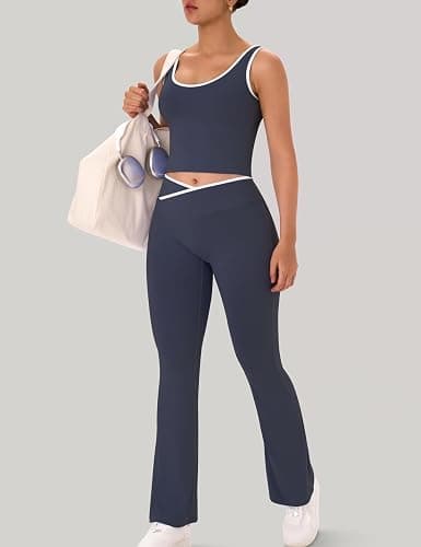 OLCHEE Womens Workout Sets 2 Piece Gym Yoga Outfits Crossover Flare Leggings Crop Tank Top with Contrast Trim thumbnail 4