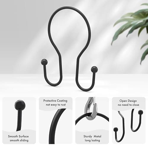 AmazerBath Shower Curtain Hooks Black Shower Curtain Rings, Simple Double Hook Shower Curtain Hooks Rust Proof, Smooth Sturdy Metal Shower Hooks for Shower Curtain Rod, 12 Pcs Shower Rod Hooks thumbnail 4