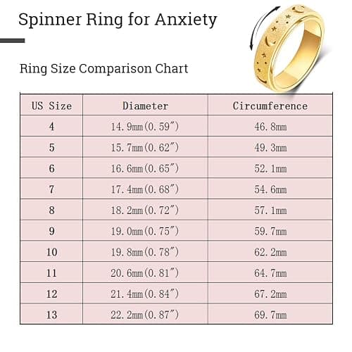 OreilleStar Anxiety Ring for Women Spinner Ring Stainless Steel Fidget Toys Adults Fidget Spinner Ring Fidgit Ring (Moon Star-Gold, 8) thumbnail 6