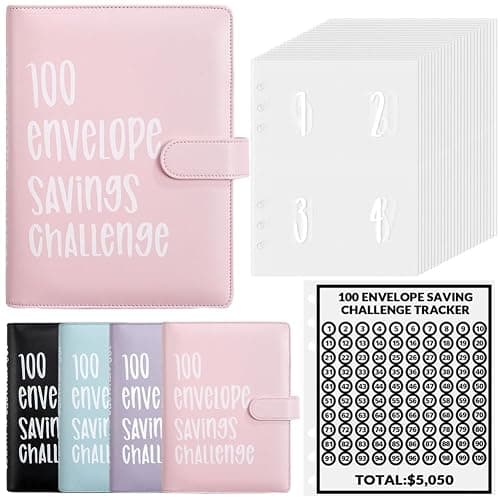 Luweoxy 100 Envelope Challenge Binder Money Saving Binder, Easy and Fun Way to Save $5,050, Cash Stuffing Budget Planner Savings Challenge Book (Pink) - Image 1