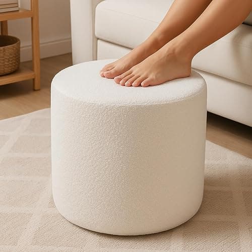 KKdema White Round Ottoman Foot Rest Stool – Clean Boucle Fabric Footstool with Soft Foam Filling, Lightweight Modern Pouf for Minimalist Living Room, Bedroom, Office – Pure White - Image 1