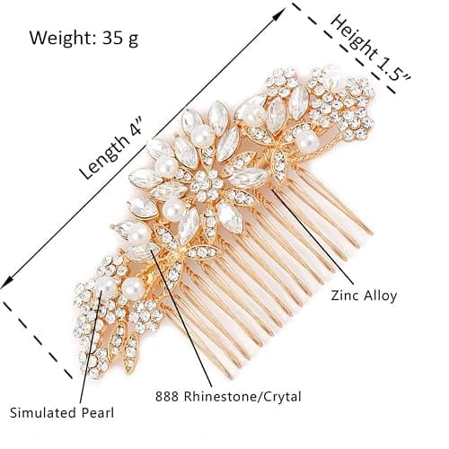 Hapibuy Crystal Wedding Hair Comb Bridal Hair Comb with Pearl Wedding Headpiece for party wear Golden Hair Accessory thumbnail 3