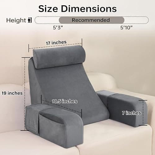 ENITYA Reading Pillow for Sitting in Bed Adult, 19" Back Support Pillow for Bed Sitting up, Backrest Cushion for Reclining,Gaming,Resting,Watching TV in Couch or Floor, Wedge with Arms, Medium(Grey) thumbnail 2