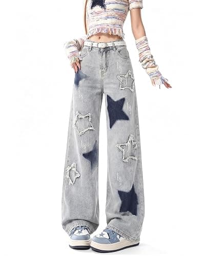 Lafaguw Cute Jeans for Women Girls Star Patchwork Pants High Waisted Straight Leg Jean Casual Preppy Clothes thumbnail 2