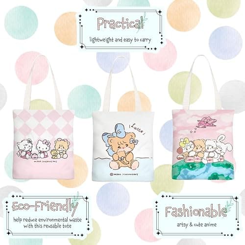 hombäde Cute Canvas Tote Bag Cotton Mikko with Zipper and Interior Inner Pocket, Cat Kitty Anime Kawaii thumbnail 3