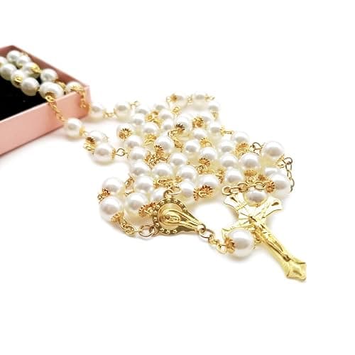 Rosary Beads Catholic for Women Girls, First Holy Communion Rosary Gifts for Girls Catholic, Gold White Rosary Necklace for Women Imitation Pearl Beads Necklace Rosarios Catolicos thumbnail 4