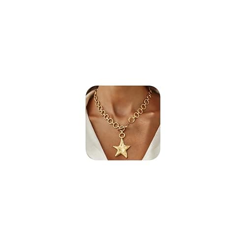 JAVARNV Star Necklace Chunky Gold Statement Necklaces Punk Star Pendant Gold Chain Necklaces for Women Trendy Christmas Jewelry for Dress Sweaters Shirts Stocking Stuffers Gifts for Women - Image 1
