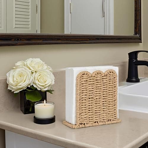 CubesLand Scalloped Edge Napkin Holder for Table Home Rustic Room Decor, Paper Rope Napkin Dispenser for Kitchen Countertop Dining Hotel, Cocktail Napkin Holder for Indoor & Outdoor Party, Beige thumbnail 6