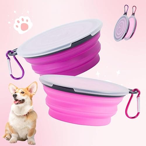 SLSON Dog Bowls Pet Collapsible Bowl with Cover Lids,2 Pack Dog Travel Bowls Portable Foldable Cat Water Dish Bowl for Pets Walking Parking Camping (Pink and Purple, Small) thumbnail 2