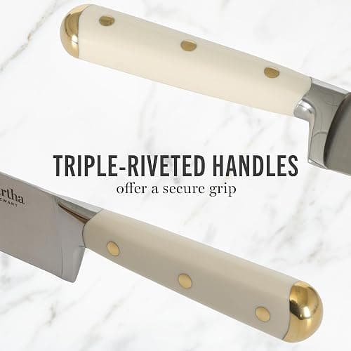 Martha Stewart Knife Block Set 16-Piece - Lockton High Carbon Stainless Steel Forged Full Tang Chef Knives, Acacia Wood Block, Triple Riveted Handles, Linen White & Gold thumbnail 5