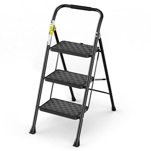 HBTower 3 Step Ladder, 3 Step Stool for Adults, 3 Step Ladder Folding Step Stool with Cushioned Handle Step Ladder with Wide Pedal Ergonomic Design,Black - Image 1